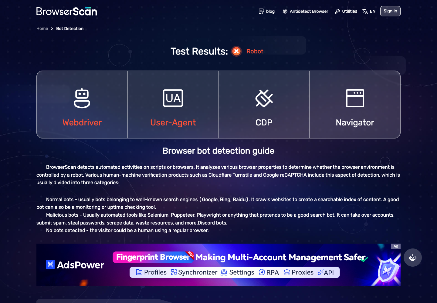 BrowserScan shows Robot with Webdriver and User-Agent flagged for the plain headless Chrome control